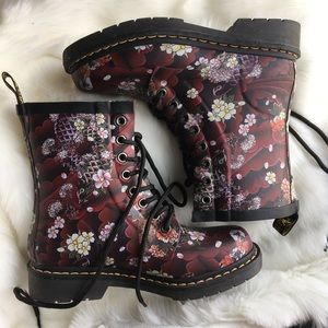 Dr Martens Drench Burgundy Tattoo Print Boots UK5